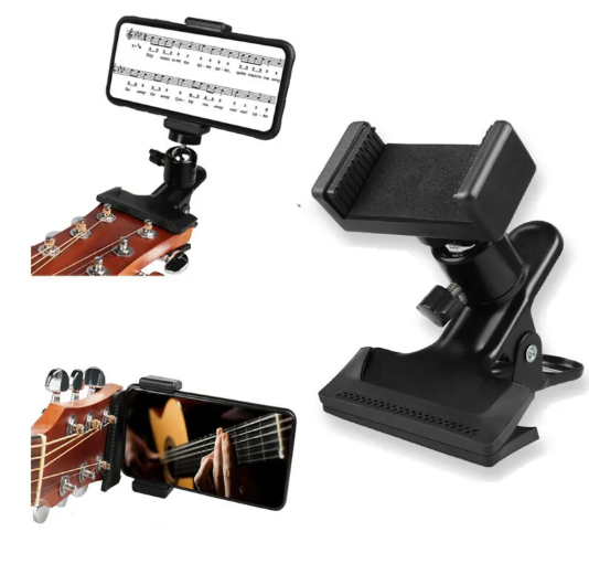 Guitar Phone Holder clipped to a guitar headstock