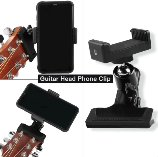 Guitar Phone Holder clipped to a guitar headstock