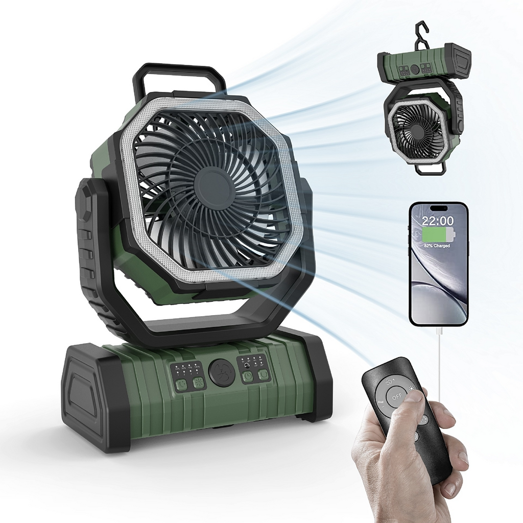Ventilador de camping con luz LED y batería externa