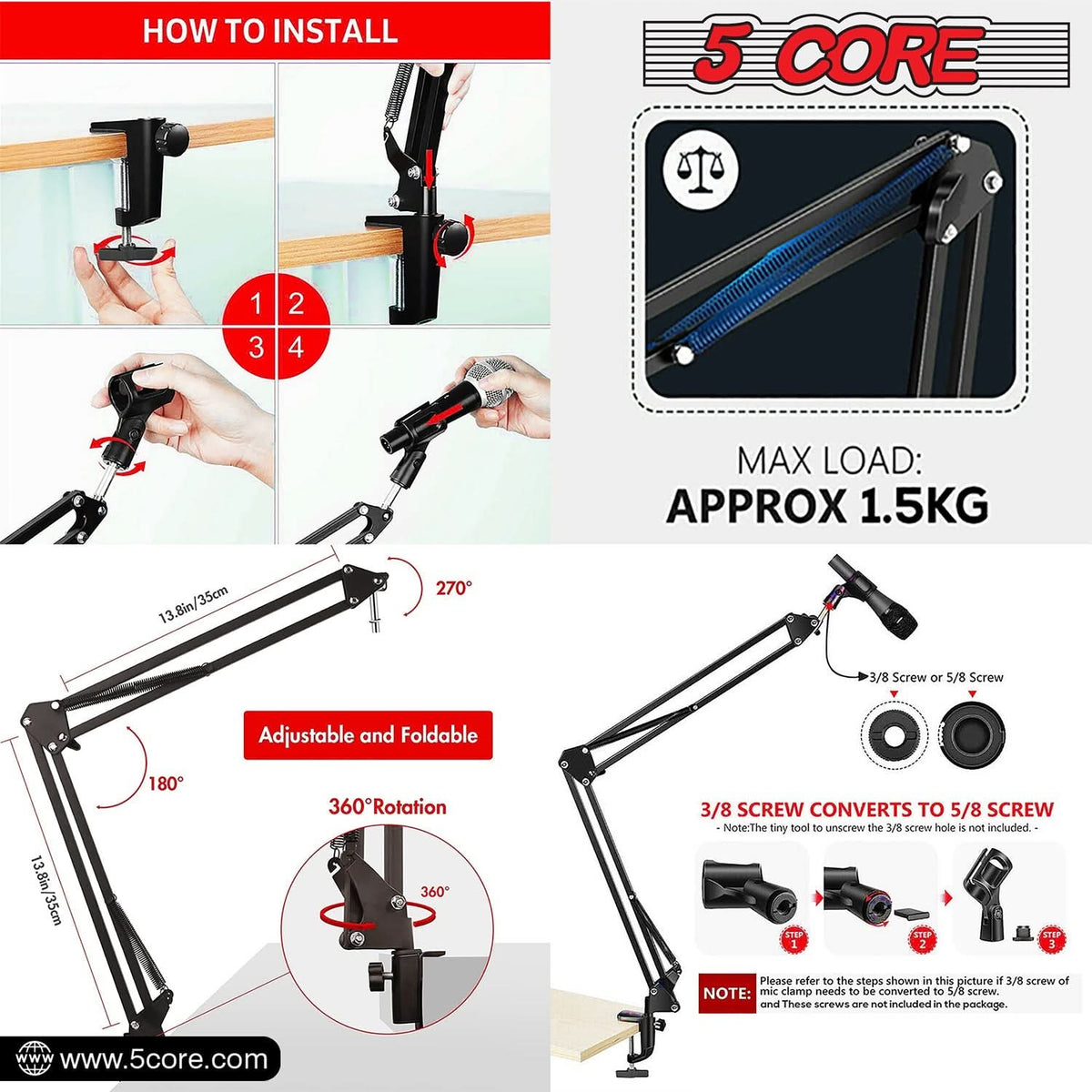 Soporte de Micrófono con Brazo Articulado – Pinza de Mesa Ajustable 360°
