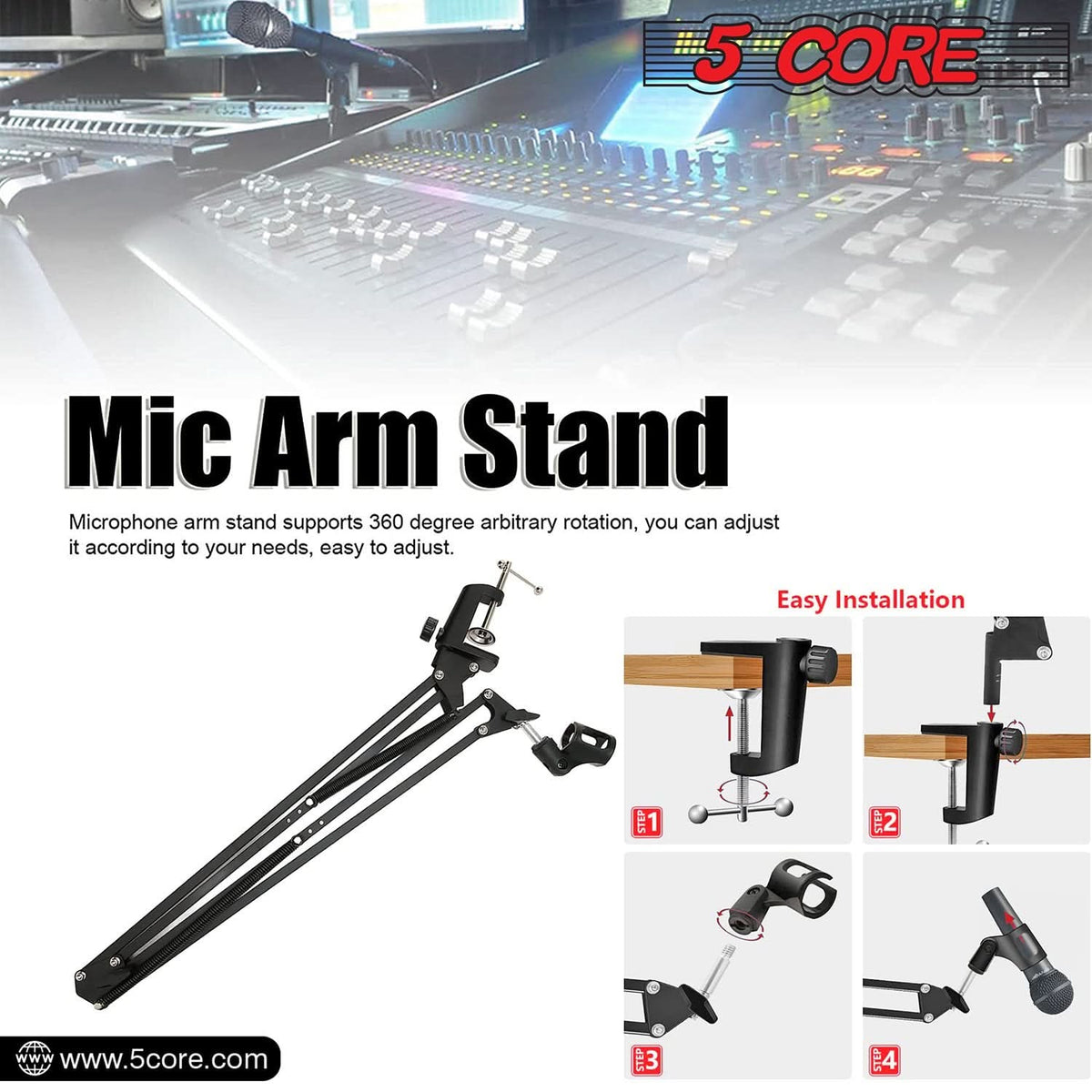 Soporte de Micrófono con Brazo Articulado – Pinza de Mesa Ajustable 360°